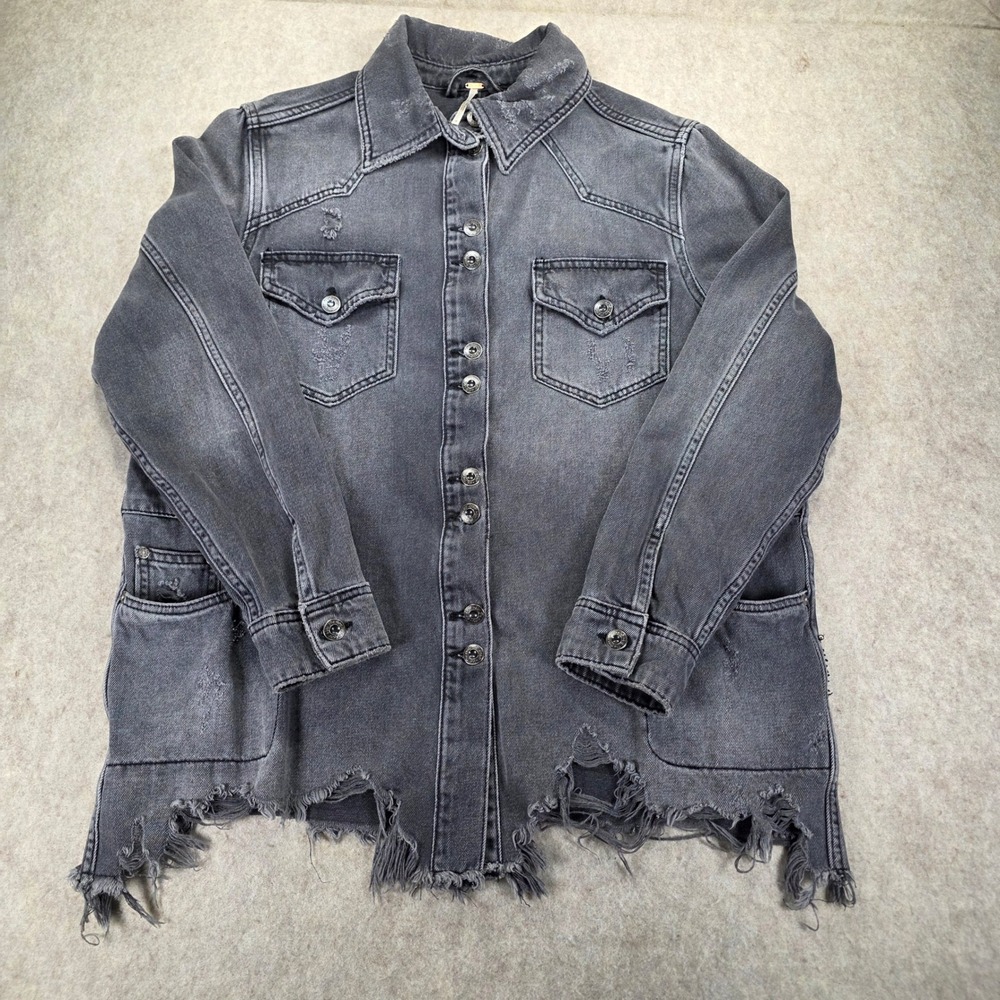 Free People Distressed Denim Jacket Black Frayed Hem Oversized Jean Shacket S